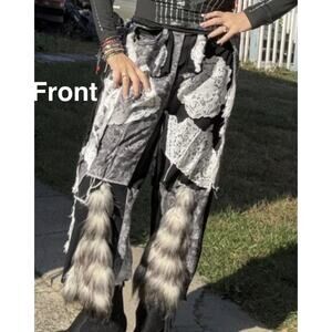 Black denim Jeans faux fur Flared bottoms punk gothic steampunk rock  -S/M (14)